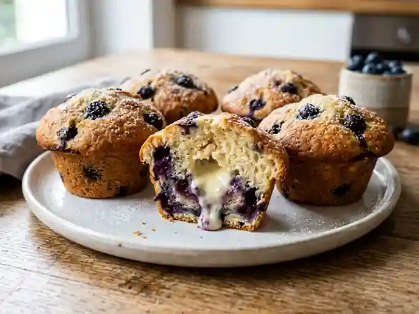 Muffins moelleux aux myrtilles avec cœur frais fondant - Photo de présentation