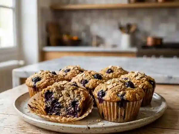 Muffins moelleux aux myrtilles et flocons d’avoine, rapide et sain - Photo de présentation