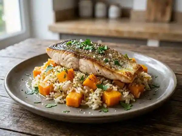 Mulet poêlé et riz fondant au potiron - Photo de présentation