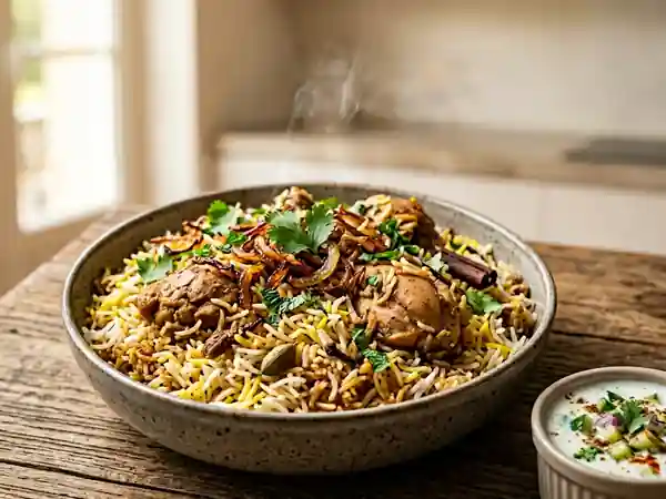 Poulet Biryani fondant et riz basmati parfumé - Photo de présentation