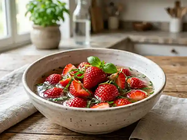 Nage rafraîchissante de fraises au citron vert et basilic - Photo de présentation