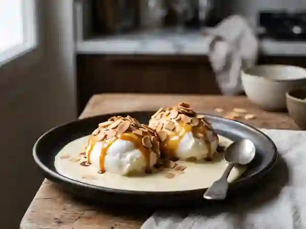 Neige fondante au caramel et amandes grillées - Photo de présentation
