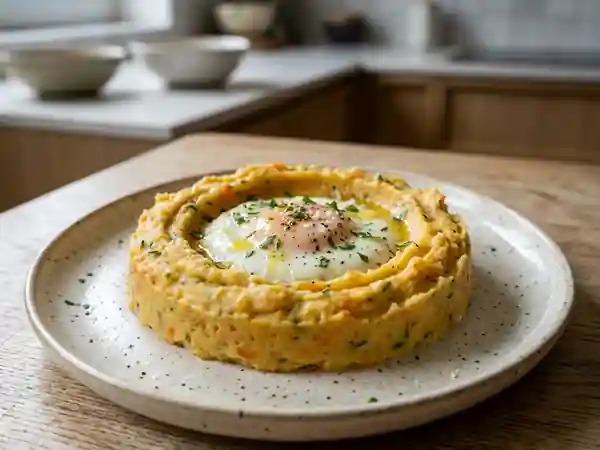 Nid d’œuf sur purée fondante de légumes - Photo de présentation