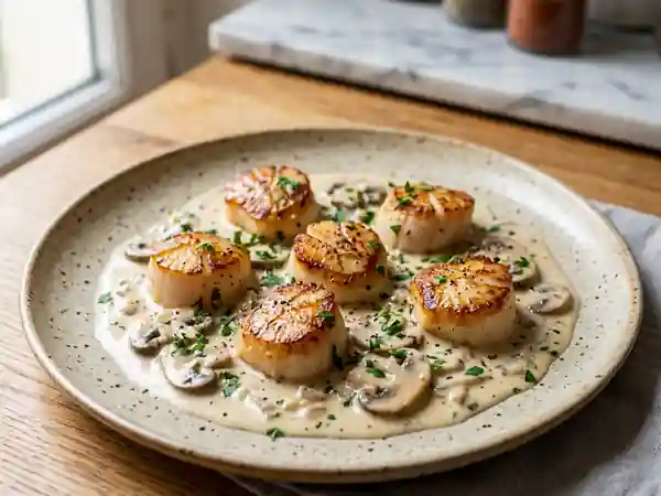 Saint-Jacques fondantes et crème de champignons - Photo de présentation