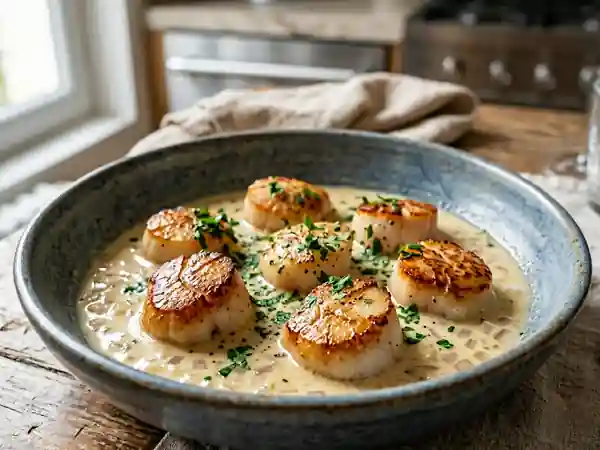 Saint-Jacques à la nage, crème au vin blanc - Photo de présentation