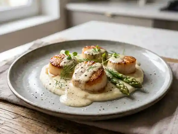 Noix de Saint-Jacques poêlées à la vanille, sauce crémeuse - Photo de présentation