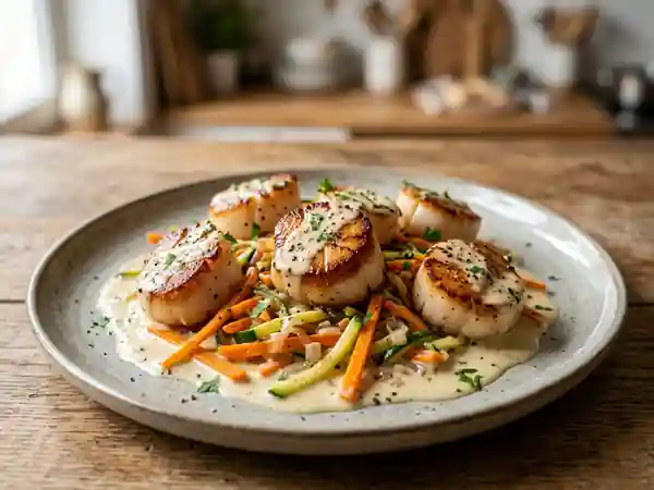 Noix de Saint-Jacques poêlées au Muscadet, sauce légère et légumes croquants - Photo de présentation