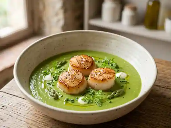 Saint-Jacques snackées et velouté d'asperges - Photo de présentation
