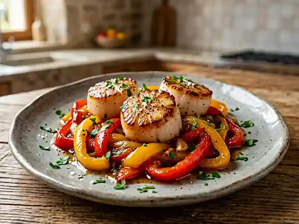 Noix de Saint-Jacques poêlées sur lit de poivrons confits maison - Photo de présentation