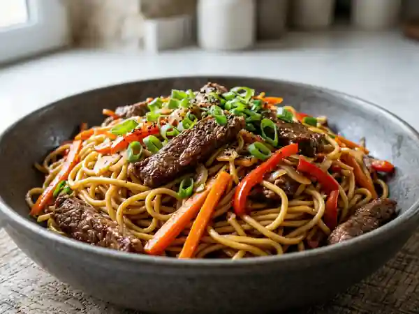 Wok de nouilles au bœuf et gingembre - Photo de présentation