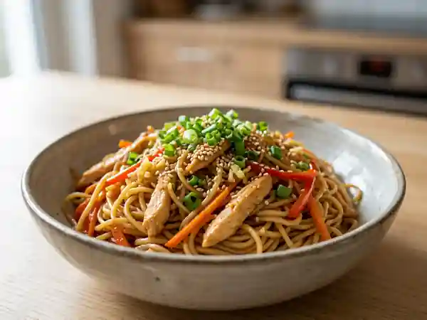 Wok de nouilles au poulet et gingembre frais - Photo de présentation