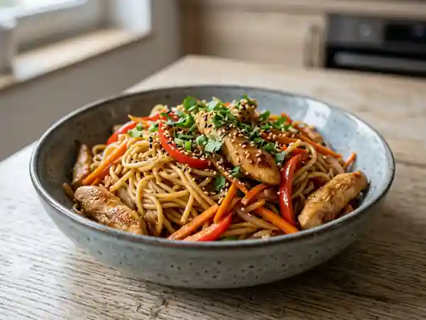 Wok de nouilles au poulet et légumes croquants - Photo de présentation