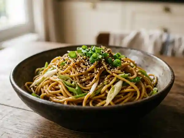 Nouilles chinoises sautées aux petits oignons nouveaux, recette savoureuse et rapide - Photo de présentation