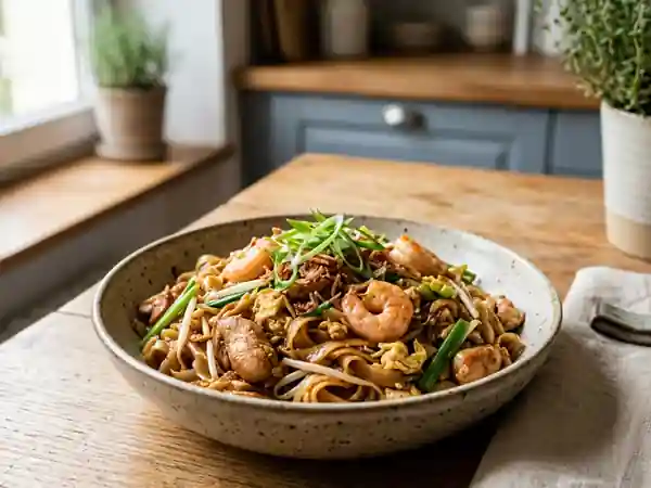 Wok de nouilles de riz au poulet et crevettes - Photo de présentation