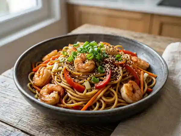 Wok de nouilles aux crevettes et sésame - Photo de présentation