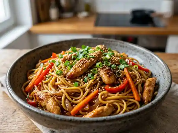 Wok de nouilles au poulet croquant et soja - Photo de présentation