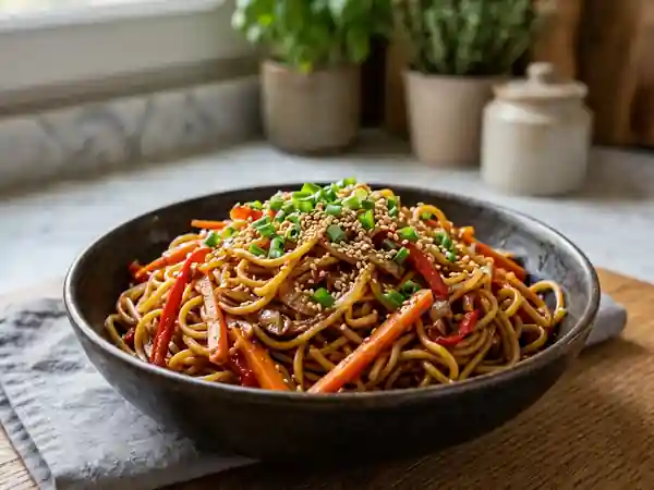 Wok de nouilles au sésame et légumes croquants - Photo de présentation