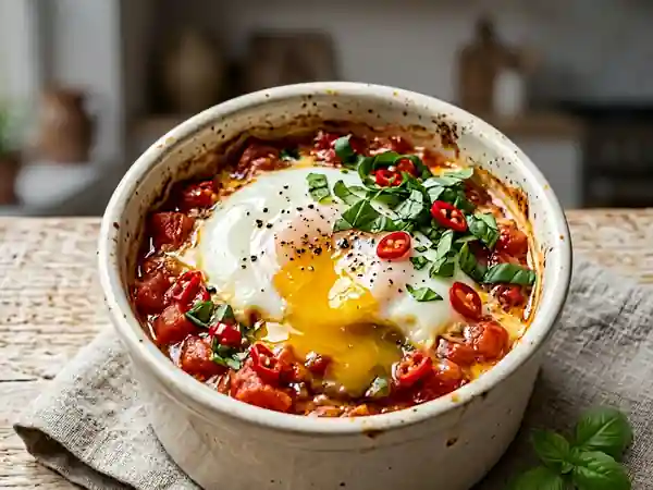 Oeuf cocotte fondant tomate et piment - Photo de présentation