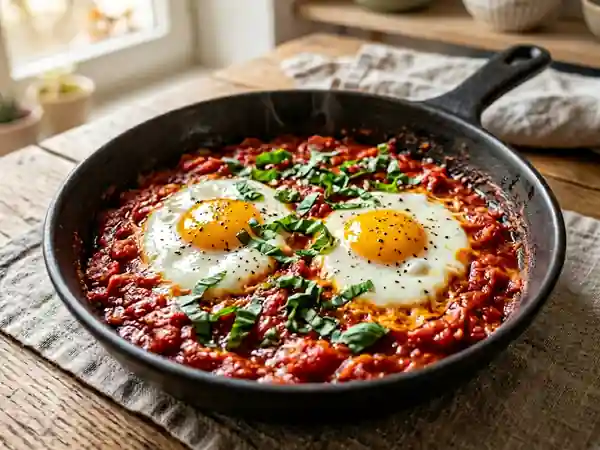 Poêlée d'œufs fondants aux tomates juteuses - Photo de présentation