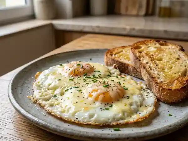 Oeufs au plat coulants et fromage filant - Photo de présentation
