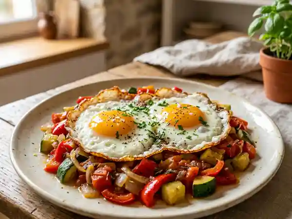Œufs au plat sur poêlée de légumes d'été - Photo de présentation