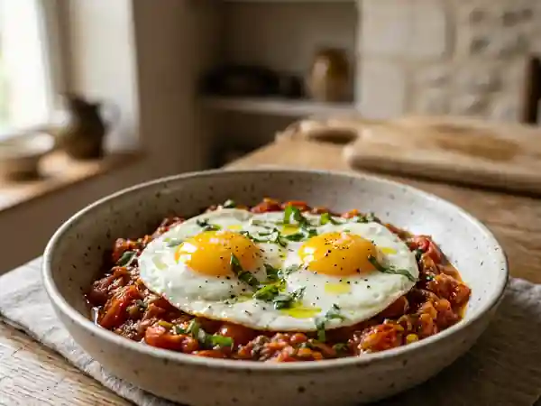 Oeufs au Plat sur Lit de Tomates Fraîches et Parfumées - Photo de présentation
