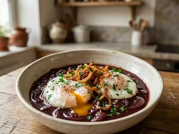 Oeufs au vin rouge et oignons croustillants - Photo de présentation