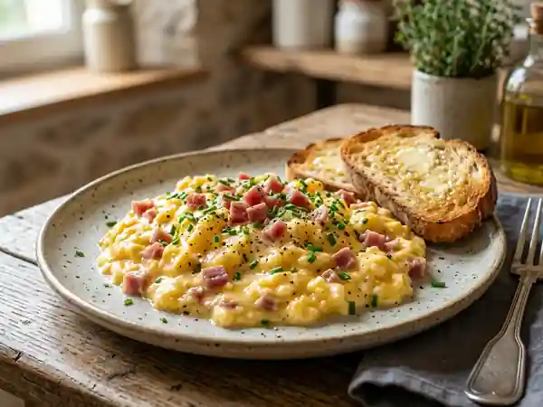 Oeufs brouillés crémeux au jambon cru : recette simple et gourmande - Photo de présentation