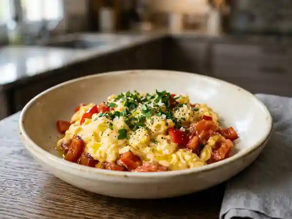 Oeufs brouillés savoureux aux poivrons rouges et tomates fraîches - Photo de présentation