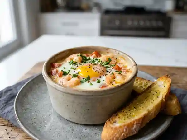 Oeufs cocotte onctueux aux crevettes et tomates - Photo de présentation