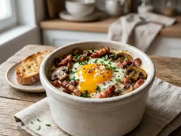 Oeufs cocotte aux champignons et lardons : recette gourmande et facile - Photo de présentation