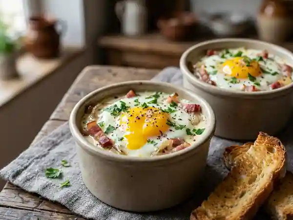 Oeufs cocotte crème et lardons fumés - Photo de présentation