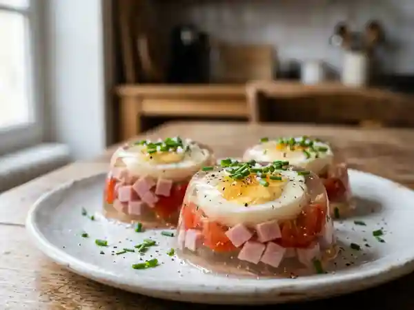 Oeufs en gelée fondants au jambon et tomate - Photo de présentation