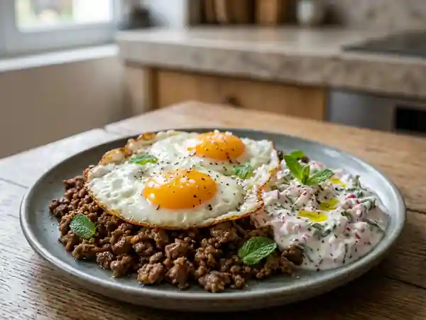 Œufs frits savoureux à la viande accompagnés de raïta fraîche aux radis - Photo de présentation