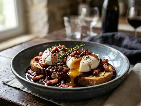 Œufs pochés au vin rouge et lard croustillant : recette savoureuse et gourmande - Photo de présentation