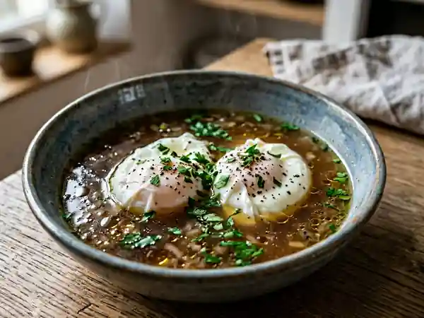 Œufs pochés fondants au bouillon de bœuf - Photo de présentation