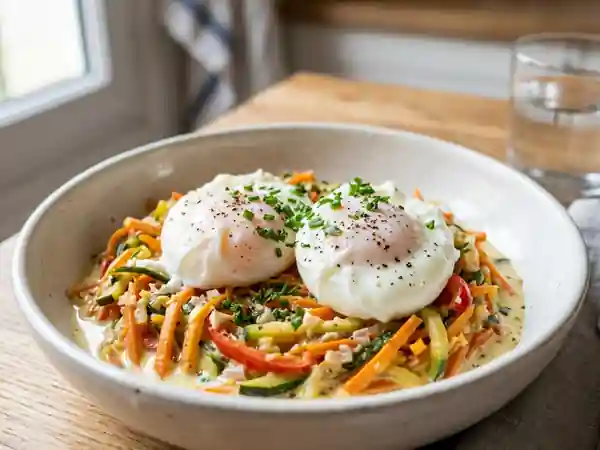 Oeufs pochés sur fondue de légumes colorée - Photo de présentation