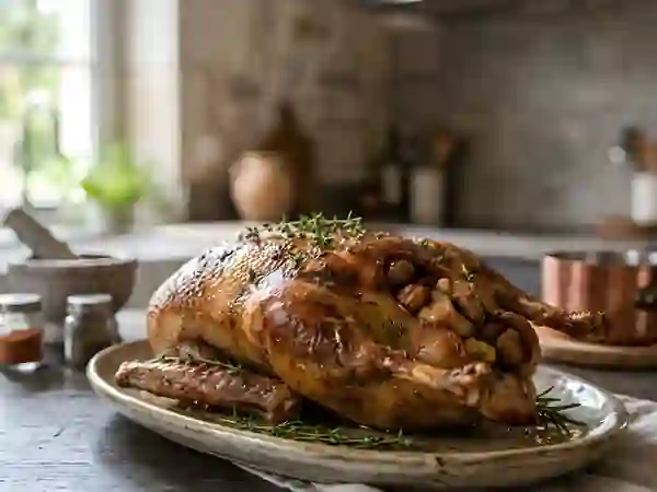 Oie rôtie, farce onctueuse foie gras et marrons - Photo de présentation