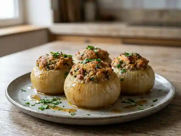 Oignons fondants farcis au porc juteux - Photo de présentation