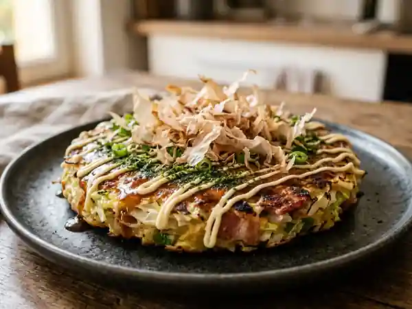 Okonomiyaki croustillant au bacon et chou - Photo de présentation