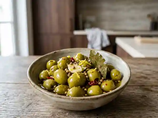Olives marinées à l'espagnole, ail et citron - Photo de présentation