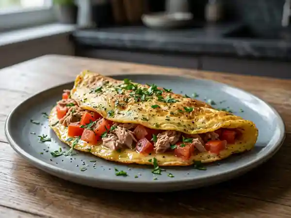 Omelette au thon et tomates fraîches savoureuse - Photo de présentation