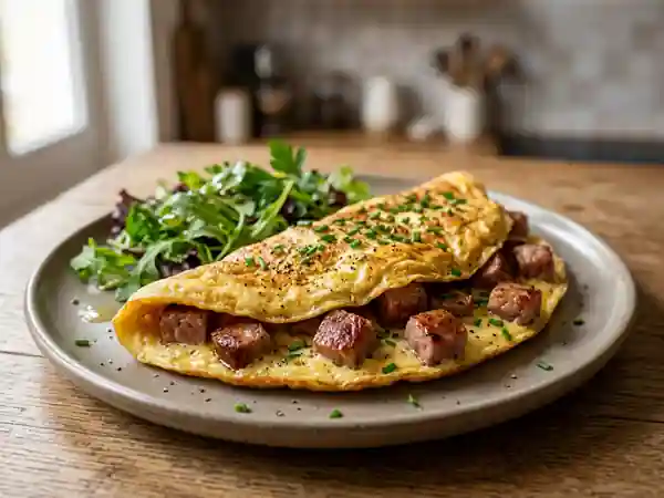 Omelette crémeuse au saucisson lyonnais grillé - Photo de présentation
