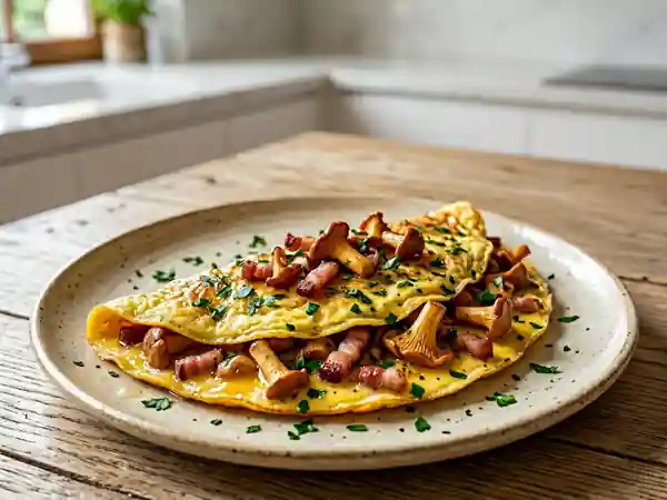 Omelette crémeuse aux girolles et lardons fumés - Photo de présentation