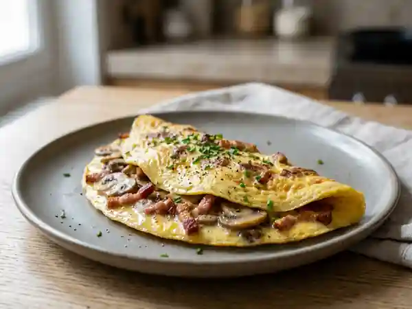 Omelette forestière crémeuse aux lardons fumés - Photo de présentation