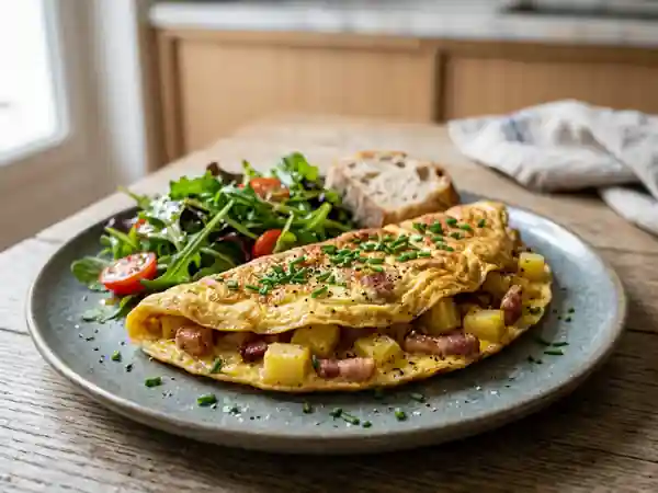 Omelette gourmande aux pommes de terre et lardons croustillants - Photo de présentation