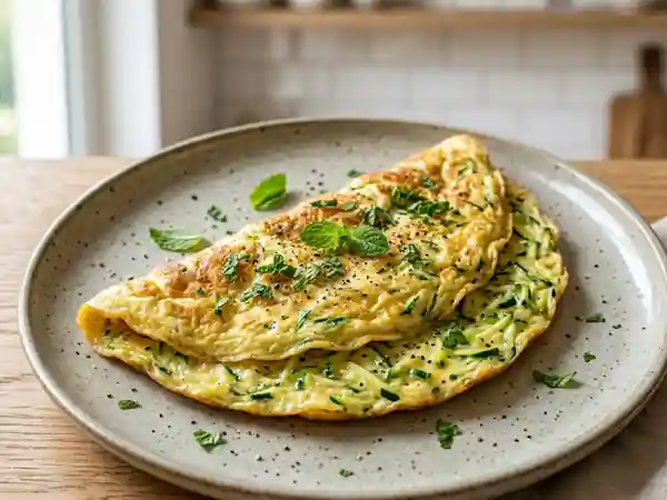Omelette moelleuse aux courgettes fraîches et menthe parfumée - Photo de présentation
