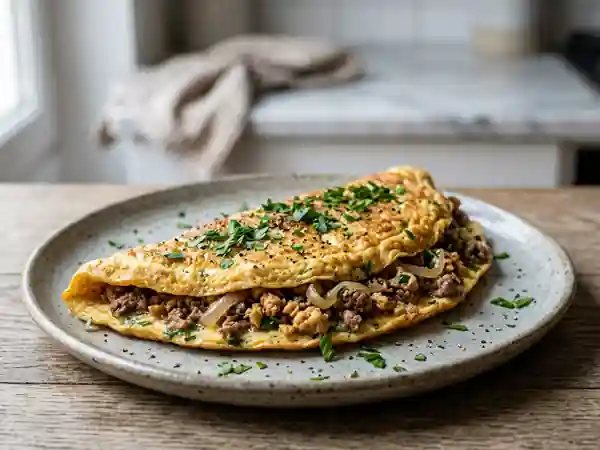 Omelette moelleuse au bœuf haché et soja - Photo de présentation