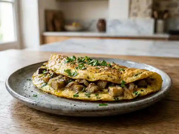 Omelette savoureuse à l'aubergine fondante - Photo de présentation