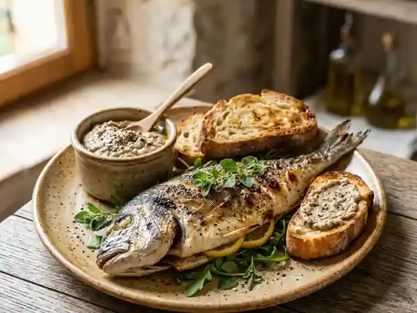 Pageot frais grillé à l'anchoïade provençale - Photo de présentation